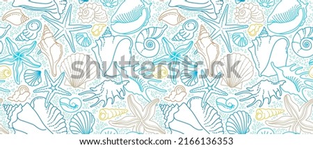 Vector seamless pattern of line art tropical sea elements, seashells, seastars. Doodles of marine life. Sea decor for scrapbook, background, wallpaper. Ocean, sea creatures. Maritime illustration Royalty-Free Stock Photo #2166136353