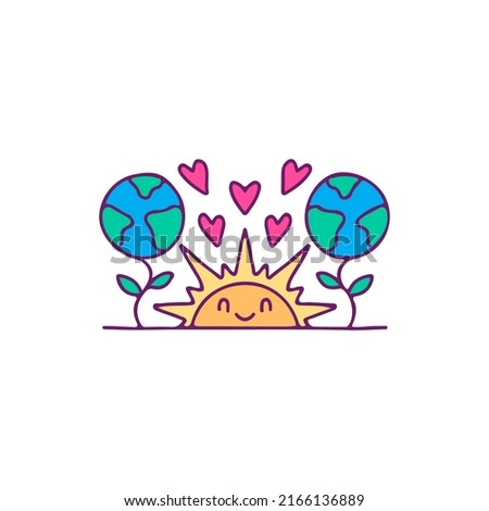 Sun, earth plant, and heart, illustration for t-shirt, sticker, or apparel merchandise. With doodle, retro, and cartoon style.