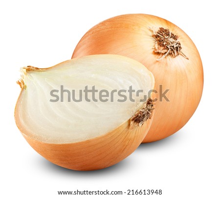 Fresh onion bulbs isolated on white background Royalty-Free Stock Photo #216613948
