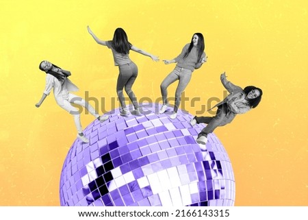 Creative collage of dancing big disco ball girls black white colors effect isolated on drawing background