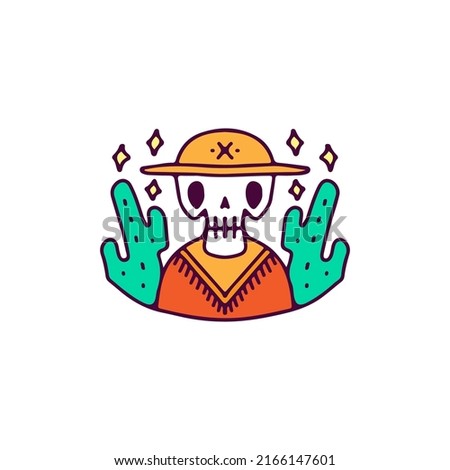 Mexican skull with cactus, illustration for t-shirt, sticker, or apparel merchandise. With doodle, retro, and cartoon style.