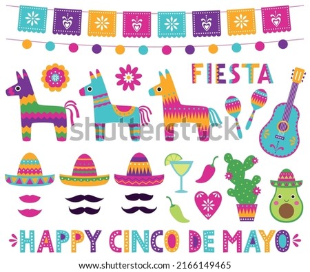 Cinco de Mayo celebration symbols, colorful vector collection 