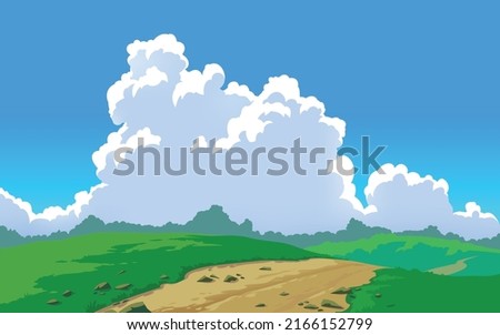 Vector landscape with hills and road, sky and clouds. Anime cartoon style. Background design