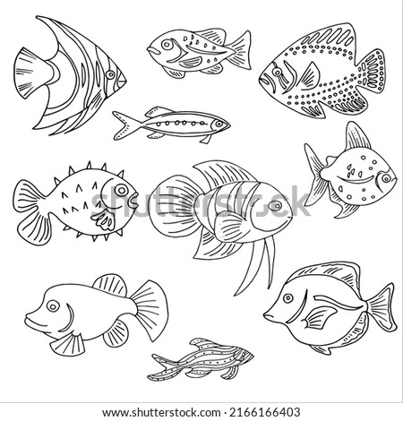 Set sea fish monochrome vector image coloring page hand draw