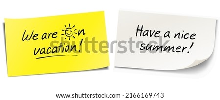 Handwritten messages on sticky notes with happy sun icon. We are on vacation! Have a nice summer!
 Royalty-Free Stock Photo #2166169743