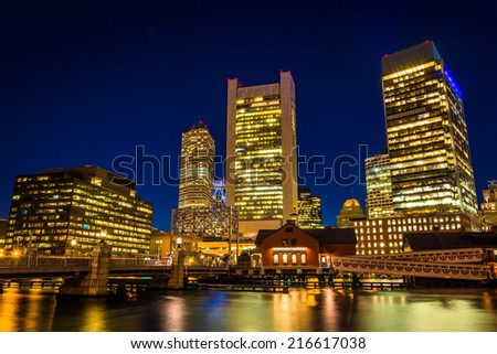 The Boston skyline at night, seen from Fort Point, Boston, Massachusetts.