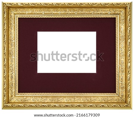 Antique Golden Brown Classic Old Vintage Wooden Rectangle mockup canvas frame isolated on white background. Blank and diverse subject moulding baguette. Design element. use for paint, mirror or photo