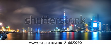 beautiful shanghai bund with curved light trails on the street in evening