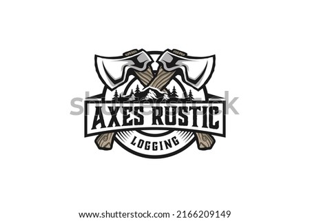 Axes rustic wood work logging logo axe design carpenter badge emblem style  Royalty-Free Stock Photo #2166209149