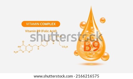 Vitamin B9 drop and structure isolated on white background. Vitamin solution complex orange balls with bubbles. Beauty treatment nutrition skin care design. Medical scientific concepts. 3D vector. Royalty-Free Stock Photo #2166216575
