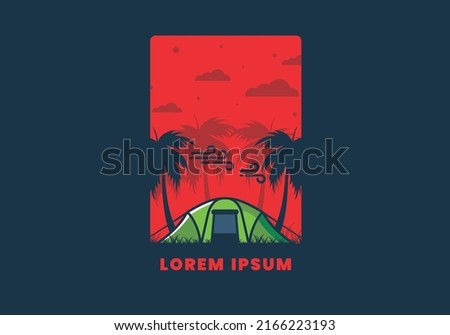 Stay in tent under coconut trees flat illustration design
