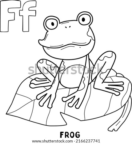 alphabet animal frog on leaf for coloring with word, hand drawn letter animal cartoon