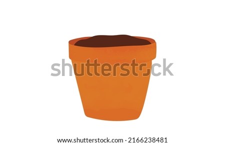 Empty flowerpot  with soil watercolor drawing isolated on white background. Blank flower pot clipart. Brown plastic flower pot cartoon style. Hand drawn flower pot Royalty-Free Stock Photo #2166238481