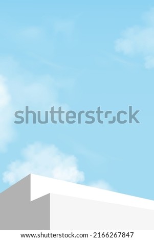 
Sky Blue,Cloud on Podium Background,3d Platform Display Step Geometric Shape,Vector vertical banner with Stairway mockup on clear Sky,Minimal Modern Building wall for Product present on Spring,Summer