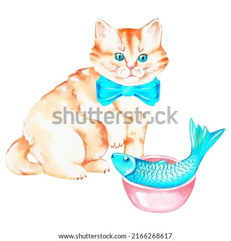 The ginger cat is eating fish. Watercolor illustration. Isolated on a white background. For your design birthday greeting cards, baby products, veterinary clinic advertisements, stickers, pet products