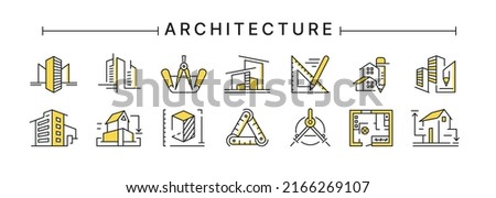 Architect buildings. Line icons of architecture project for engineer documents and plans. Apartment interior blueprint. House construction. Drafting stationery. Vector design logo set Royalty-Free Stock Photo #2166269107