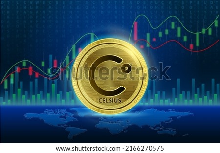 Celsius Network (CEL) Cryptocurrency blockchain. List of variou coin symbol is background. Future digital replacement technology alternative currency, Silver golden stock chart. 3D Vector illustration Royalty-Free Stock Photo #2166270575