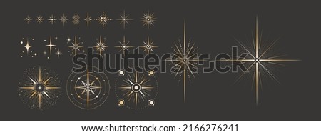 Vector celestial element set. Collection of big and small elegant ornate shiny golden stars with beams, dots and radial circles. Magical isolated clipart for mystic decoration Royalty-Free Stock Photo #2166276241