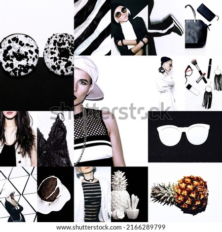 Set of trendy aesthetic photo collages. Minimalistic images of two  top colors. Black and white fashion moodboard