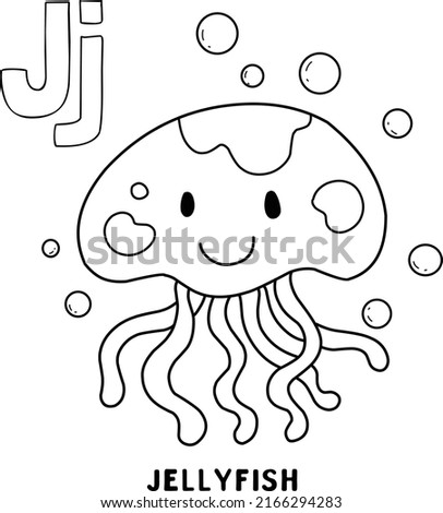 alphabet animal jellyfish for coloring with word, hand drawn letter animal cartoon