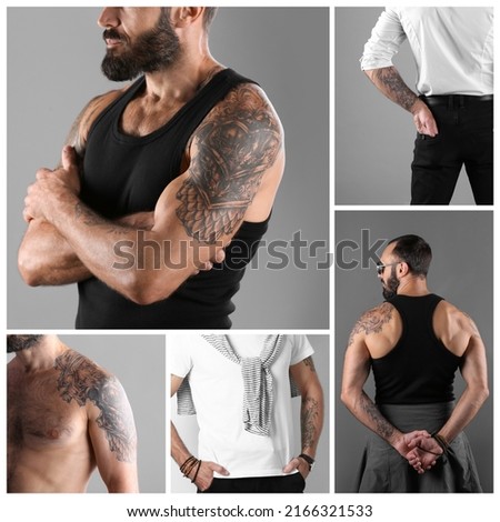 Collage with photos of handsome man with tattoos on body against light grey background, closeup view