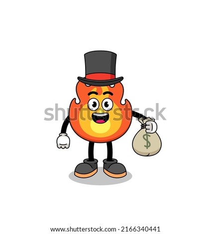 fire mascot illustration rich man holding a money sack , character design