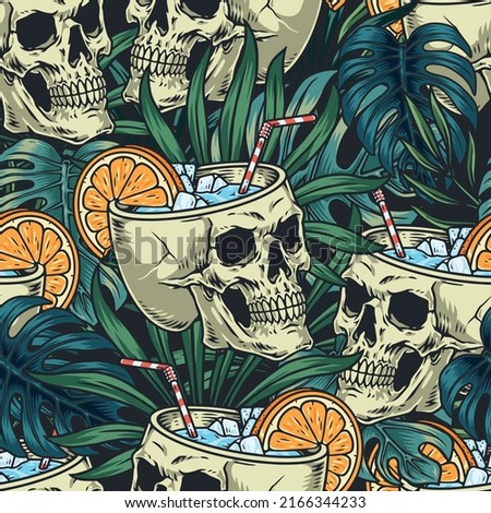 Cold cocktail colorful pattern seamless vintage drink with ice in human skull among leaves of plants horror style vector illustration