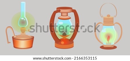 Set of colorful antique oil lanterns. 
Lantern kerosene oil lamp.