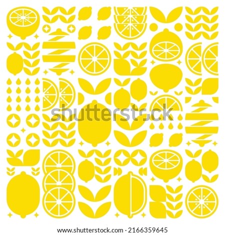 Abstract artwork of lemon fruit pattern icons. Simple vector art, geometric illustration of citrus, orange, lime, lemonade and leaves silhouettes. Minimalist flat modern design on white background. Royalty-Free Stock Photo #2166359645