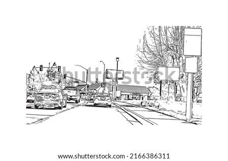 Building view with landmark of Moreno Valley is the 
city in California. Hand drawn sketch illustration in vector.