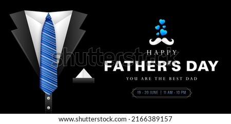illustration of happy fathers day with black suit and blue tie for social media posts, ads campaign marketing holidays, advertising, advertisement, corporate signs, billboard agency, animation video Royalty-Free Stock Photo #2166389157
