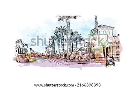 Building view with landmark of Moreno Valley is the 
city in California. Watercolor splash with hand drawn sketch illustration in vector.