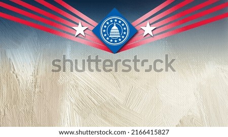 Graphic image of stylized U.S. Capitol and stars In American flag colors. Use in themes like political Election campaigns and holiday celebrations like July 4th. Space to add custom copy or pictures.