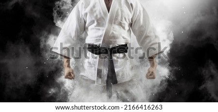 Man in kimono with black belt on smoke background Royalty-Free Stock Photo #2166416263