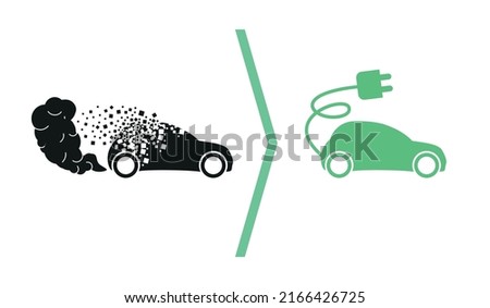 The evolution of the car. Car icon with exhaust gases in the form of a cloud of smoke. Electric car icon. The concept of environmental protection.