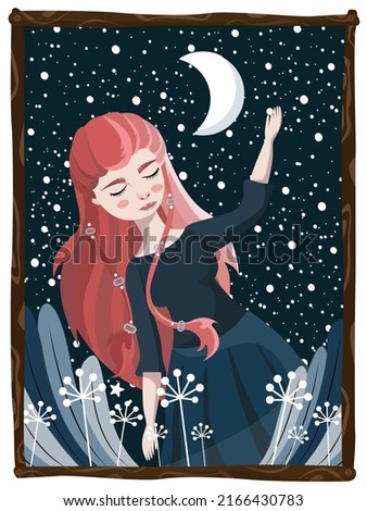 A fabulous red-haired girl against the background of a starry sky with a moon and plants.