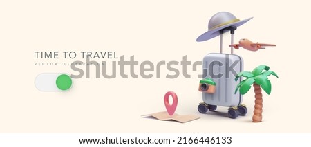 Time to travel concept poster in 3d realistic style with suitcase, palm tree, hat, camera, airplane, map. Vector illustration