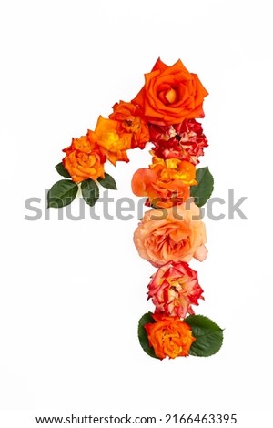 Number 1 made with real red orange roses, isolated on white background.