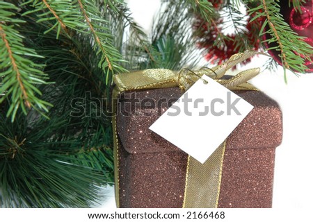 Christmas present with empty card under tree close up