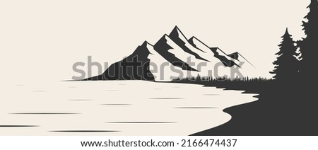 Mountain lake silhouette graphic art black white landscape illustration vector. Mountain and lake black and white illustration. Mountain vector illustration Royalty-Free Stock Photo #2166474437