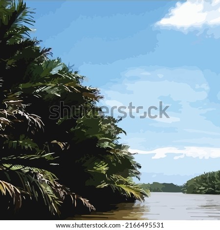 View of the Beautiful River decorated by nipa palm trees during the day in West Kotawaringin, Central Kalimantan, Indonesia