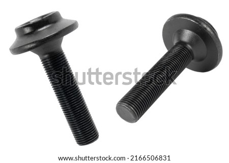 Macro shot black metal bolt isolated on white background. Chromed screw bolt isolated. Steel bolt isolated. Nuts and bolts. Tools for work.