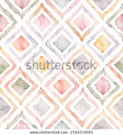 Hand painted watercolor geometric diamond shaped ogee allover seamless organic tile pattern