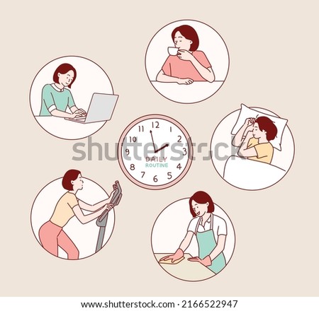 Female routine. Lifestyle activities temporal distribution, young woman daily schedule, life scenes around big clock face. Hand drawn style vector design illustrations. Royalty-Free Stock Photo #2166522947