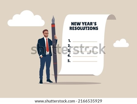Entrepreneur holding holding pen thinking about new year's resolution on notepad paper. New year's resolutions, set goal or business target for new year or beginning with work challenge. Royalty-Free Stock Photo #2166535929