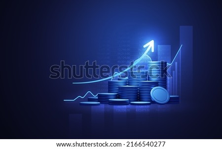 Blue money business graph finance chart diagram on economy 3d coin background with growth financial data concept or investment market profit bar and success market stock technology currency report.