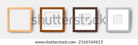 Empty Wooden Wall Frames set. Vector Realistic wood picture frame mockup template with shadow on transparent background. Mockup for poster, banner, photo gallery, painting, presentation.