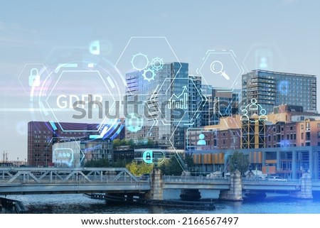 Panorama city view of Boston Harbour at day time, Massachusetts. Building exteriors of financial downtown. GDPR hologram is data protection regulation and privacy for all individuals within EU Area