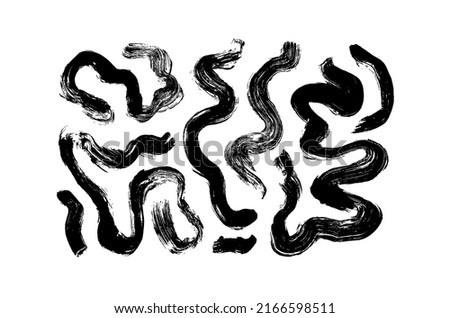 Black paint curved brush strokes vector collection. Hand drawn marker scribbles. Grunge curly lines, swirl brushstrokes. Vector black scribbles, squiggles. Modern calligraphy smears isolated on white Royalty-Free Stock Photo #2166598511