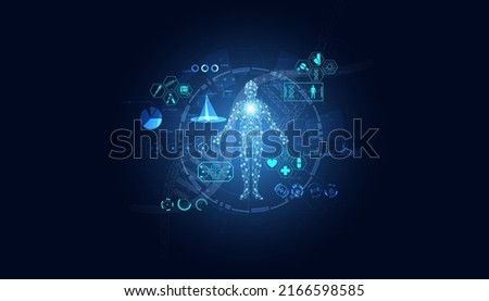 Abstract, healthcare, innovation, medical research, concept, dna, medical icon Gene editing technology interface laboratory using AI robots on blue background. Vector illustration.